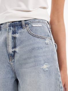 Details: Summer jeans in washed blue are so versatile!Irregular handmade raw edges on the waistband and leg.Mid-rise waist designA-line cropped shorts Materials & Care: Cotton 100% Hand wash | Dry clean Do not bleach Size & Fit: Model is 5'7", Bust 32, Waist 24, Hips 35, wearing a size S Item #: JN2DP07 Recycled Denim Cutoff Jeans With Frayed Hem, Cutoff Jeans With Frayed Hem In Recycled Denim, Ripped High Rise Recycled Denim Bottoms, High Rise Ripped Recycled Denim Bottoms, Cotton Cutoff Cropped Jeans, Light Wash Recycled Denim Bottoms With Frayed Hem, Light Wash Ripped Recycled Denim Bottoms, Ripped Light Wash Recycled Denim Bottoms, Washed Blue Straight Leg Jean Shorts With Frayed Hem