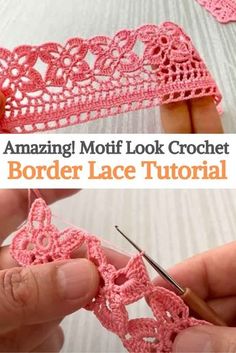 the crochet lace is being worked on by someone using scissors to make it