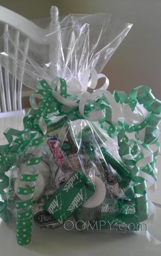 a bag filled with candy sitting on top of a table