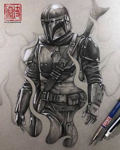 a pencil drawing of a boba fett from the star wars movie, with chinese characters in the background