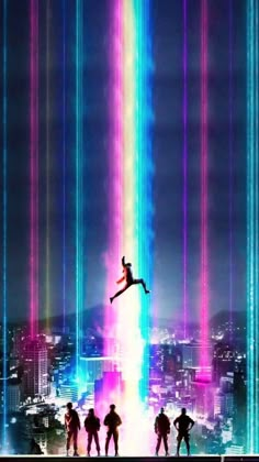 the movie poster for spider - man into the spider - verse, with people in silhouette