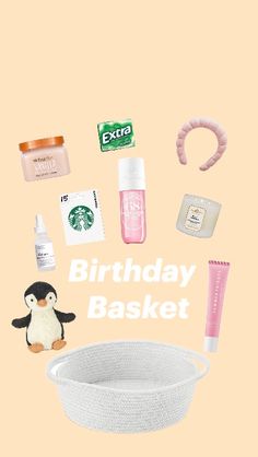 the contents of a birthday basket are arranged in front of an orange and pink background