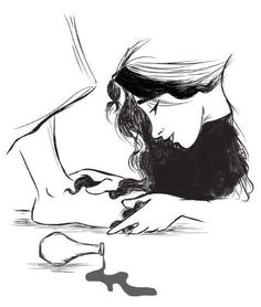 a black and white drawing of a woman with her hand on the ground next to a pair of scissors