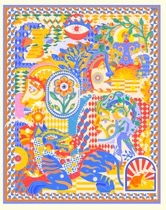 an image of a colorful painting with flowers and animals on it's face, in blue