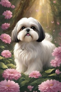 a white and black dog with pink flowers in the background