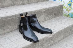 Crafted Leather Bespoke Dress Shoes Black Calf Leather Jodhpur Boot on Storenvy Formal Chelsea Boots For Fall With Closed Toe, Formal Fall Chelsea Boots With Closed Toe, Formal Chelsea Boots With Buckle Closure And Round Toe, Fitted Slip-on Boots With Leather Sole, Formal Black Chelsea Boots With Heel Pull Tab, Elegant Formal Chelsea Boots With Closed Toe, Elegant Ankle Boot Dress Shoes With Rubber Sole, Luxury Wingtip Calf Leather Boots, Formal Chelsea Boots With Buckle Closure