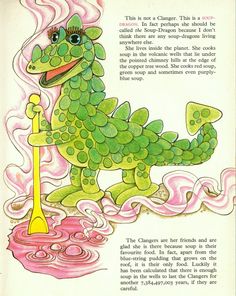 an old children's book with a green frog holding a yellow flask in its mouth