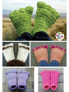 crocheted slippers and mittens are shown in four different pictures, including one with