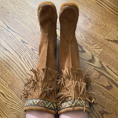 Brand New, Never Worn Fringe Suede Boots By Minnetonka Moccasin Bohemian Suede Boots With Tassels, Bohemian Suede Winter Boots, Festival Boots With Tassels And Round Toe, Bohemian Winter Suede Boots, Suede Moccasins With Tassels And Round Toe, Suede Tassel Moccasins With Round Toe, Suede Fringe Boots With Closed Toe, Bohemian Suede Boots With Fringe, Bohemian Suede Fringe Boots