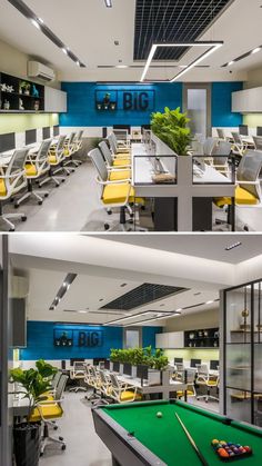 two pictures of an office with pool tables and chairs