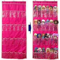 the pink hanging organizer is filled with dolls