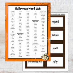 halloween word list with an orange border