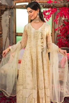 Gold White Heavily Embellished Angrakha Style Pakistani Party Dress White Angrakha, Angrakha Frock, Pakistani Kameez, Organza Outfit, Angrakha Style, Mustard Orange, Frock Style, Pakistani Party Wear, Raw Silk Fabric