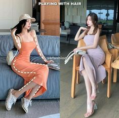 two women sitting on couches in different outfits