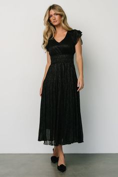 Check out our must-have Miley Pleated Shimmer Dress. You can shimmer the night away in this dress! Party Dress With Elastic Waistband And Maxi Length, Fitted Black Dress With Elastic Waistband, Party Maxi Dress With Elastic Waistband, Elegant Party Dresses With Elastic Waistband, Chic Evening Dresses With Elastic Waistband, Elegant Fitted Midi Dress With Elastic Waistband, Baltic Born, Shimmer Dress, Skirt Midi