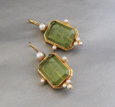 Olive Green Intaglio Earring, Intaglio Crystal Earring, Vintage Earring, Wedding Earring, Art Deco Earring, Gold Earring, Cameo Jewelry - Etsy Vintage Gold Gemstone Earrings, Victorian Gold Gemstone Earrings, Elegant Green Brass Earrings, Antique Gemstone Earrings For Wedding, Victorian Green Earrings For Wedding, Art Deco Hallmarked Earrings As Gift, Art Deco Gemstone Earrings For Gift, Rectangular Gemstone Earrings For Wedding, Handmade Rectangular Wedding Earrings