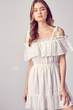 White Cold Shoulder Ruffle Dress - steven wick Sleeveless Kimono, Shoulder Ruffle Dress, Woven Dress, Trendy Clothes For Women, Sheer Fabrics, Trendy Dresses, White Mini Dress, Dress Romper, Look Chic