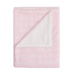 pink and white blanket with i love you written on it