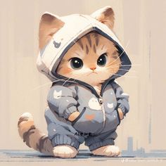 a painting of a cat wearing a hoodie and standing in front of a wall