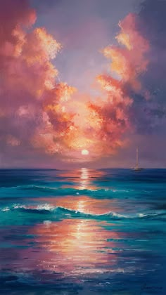 a painting of the sun setting over the ocean