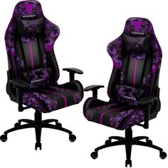 two black and purple office chairs sitting next to each other