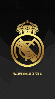 the real madrid club logo is shown on a black background with gold lettering and a crown