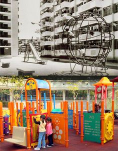 two children standing in front of an outdoor playground