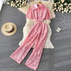 Brand Name: youeStyle: vintageMaterial: PolyesterFabric Type: BroadclothClothing Length: ShortDecoration: LacePlace Of Origin: China (Mainland)Pant Length(cm): Full LengthFabric content: 91% (inclusive) - 95% (inclusive)Origin: Mainland ChinaCN: GuangdongSeason: Spring/AutumnCollar: Turn-down CollarWaist: High WaistClosure Type: PulloverSleeve Style: RegularMaterial Composition: Synthetic fiberPattern Type: SolidPant Style: Wide Leg PantsFront Style: FlatFit Type: RegularPant Closure Type: Elast Vintage Pink Spring Sets, Pink Two-piece Set For Day Out, Pink Two-piece Summer Pants, Vintage Pink Pants For Summer, Pink High Waist Summer Sets, Pink High Waist Sets For Summer, Lace Two Piece Set, Wide Leg Pant Suit, High Waist Wide Leg Pants