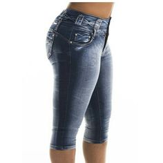 High Waist Denim Capri's 73% Cotton 24% Polyester 3% Elastane Fitted Knee-length Denim Jeans, Trendy Knee-length Denim Bottoms, Trendy Knee-length Denim Jeans, Fitted Knee-length Jeans For Summer, Knee-length Jeans For Spring, Trendy Knee-length Dark Wash Jeans, Knee-length Denim Cropped Jeans For Summer, Trendy Dark Wash Knee-length Bottoms, Trendy Medium Wash Knee-length Bottoms