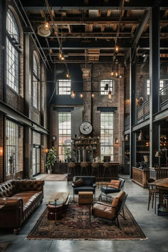 The Industrial Chic Barn style incorporates elements like exposed brick, metal fixtures, and concrete floors to create a trendy, urban vibe. This look is perfect for barndominium interiors, offering a unique blend of rustic and industrial aesthetics. High ceilings and open spaces enhance the industrial feel, while vintage furniture adds warmth. The result is a stylish, functional living space that stands out. Click to discover more industrial chic barndominium interior ideas. Industrial Office Space Design Interiors, Industry Interior Design, Open Ceiling Ideas, Industrial Loft Interior Design, Concrete Apartment Interior, Industrial Interior Design Style, Unique Home Interior Design, Chic Barndominium