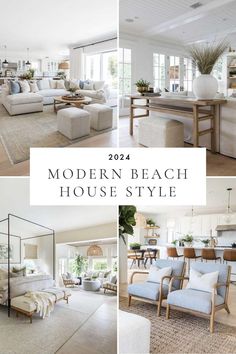 the modern beach house style living room and dining room are featured in this postcard