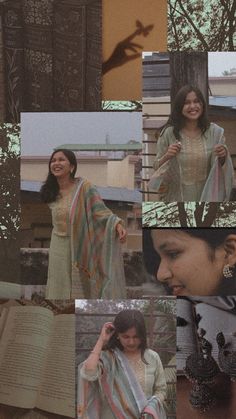 a collage of photos with woman in dress and shawl holding an open book