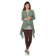 Serena Williams Fringe Wrap Cardigan  Make the most of your wardrobe and add a versatile piece that transitions throughout the seasons. This lightweight wrap adds the perfect finishing touch to any ensemble. The trendy fringe makes a striking fashion statement, while the shoulder button lets you wear it open or closed. Embrace your own signature style. Product Details: Brand: Serena Williams Color: Army Green  Fabrication: Jersey knit Style: Card Fall Fringe Cardigan, Fringe Cardigan For Fall Layering, Fringe Cardigan For Fall, Spring Fringe Long Sleeve Cardigan, Spring Long Sleeve Fringe Cardigan, Spring Fringe Cardigan For Layering, Trendy Fringe, Cardigan Green, Knit Style