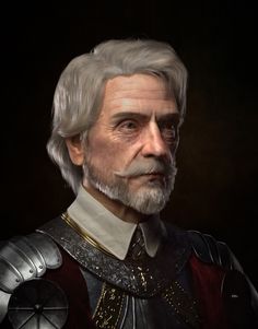 an old man with white hair wearing armor