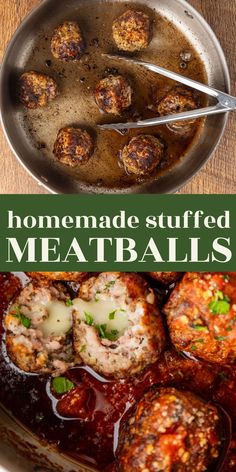 homemade stuffed meatballs in a skillet with text overlay