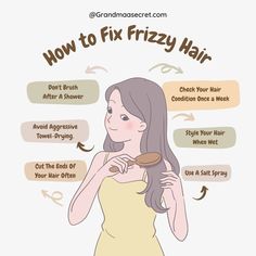 Use a Moisturizing Shampoo and Conditioner.🧴 Choose products designed for frizzy or dry hair to help retain moisture.  Apply Leave-In Conditioner: 💧 Use a leave-in conditioner or hair oil to provide extra hydration and smoothness.  Avoid Over-Washing: 🚿 Washing your hair too frequently can strip it of natural oils. Aim for 2-3 times a week.  Limit Heat Styling: 🔥 Reduce the use of blow dryers, flat irons, and curling wands. If you must use them, always apply a heat protectant.  Use a Microfiber Towel: 🧖‍♀️ Instead of a regular towel, use a microfiber towel to dry your hair gently and reduce friction.  Opt for Anti-Frizz Products: 🌟 Look for serums, creams, or sprays specifically formulated to combat frizz.  Get Regular Trims: ✂️ Regular trims help eliminate split ends and keep hair Hair Serum For Frizzy Hair, Fast Natural Hair Growth, Frizzy Hair Remedies, Control Frizzy Hair, Healthy Hair Routine, Hair Growing Tips, Basic Skin Care Routine, Perfect Skin Care Routine, Healthy Hair Tips