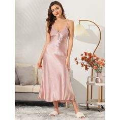 This midi nightgown has no Chest Pads. This satin sleep dress for women is soft, lightweight, breathable, and comfortable to wear. This dress designed with solid color and v-neck makes the sleepwear nice but elegant, and you have different color choices to match it with your heart. No matter the cozy bedtime, casual home relaxation, laze afternoon, or comfy bath, the soft and lightweight women's nightdress can accompany you all the time. It's a good choice to be a perfect gift for your mom, wife Pink Slip Dress For Summer Nights, Pink Slip Dress For Spring Wedding, Spring Sleepwear With Spaghetti Straps, Spring Slip Dress For Loungewear, Spring Loungewear Slip Dress, Pink Slip Dress With Spaghetti Straps For Loungewear, Spring Solid Color Slip Dress For Loungewear, Pink Slip Dress For Spring Loungewear, Pink Sleepwear With Spaghetti Straps For Wedding Night