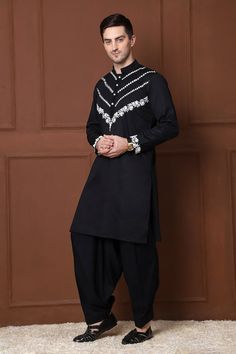 Black kurta with thread embroidered floral jaal and geometric patterns. Comes with a pathani. - Aza Fashions Semi-stitched Cotton Kurta For Traditional Ceremonies, Cotton Kurta With Resham Embroidery For Transitional Season, Black Cotton Kurta With Dabka Work, Cotton Kurta With Dabka Work In Traditional Drape, Traditional Cotton Sherwani For Eid, Cotton Sets With Geometric Embroidery In Straight Kurta Style, Traditional Cotton Sets With Geometric Embroidery, Cotton Kurta With Dabka Work For Traditional Ceremonies, Cotton Kurta With Geometric Embroidery And Long Sleeves