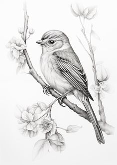 a bird sitting on top of a tree branch next to some leaves and flowers in black and white