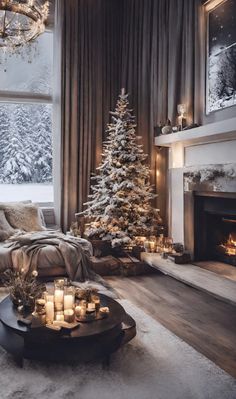 a living room filled with furniture and a christmas tree in front of a fire place