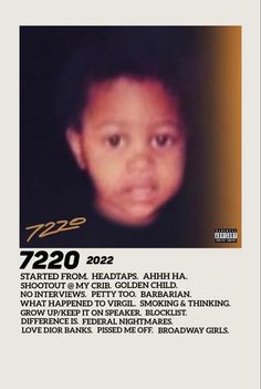 a poster with an image of a child's face and the words 7220 on it