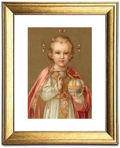 "The Infant of Prague Vintage Catholic Holy Card This endearing version of the Infant of Prague is the most unique one we've ever seen. We've always had a soft spot for the Infant of Prague, especially when our kids were little and we had so many bills to pay. Usually the image of Him is the triangle-shaped doll-king. Always red, always holding an orb of the world in his left hand, always blessing the world with his right hand. But this lovely representation from the turn-of-the-last-century has Infant Of Prague, Soft Spot, Catholic Art, Triangle Shape, Our Kids, Right Hand, Prague