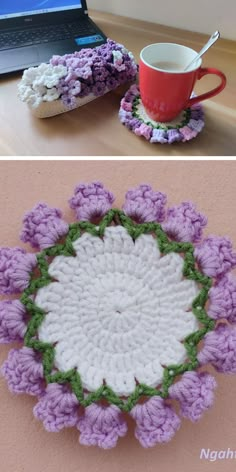 crocheted doily with coffee cup and saucer on table next to laptop