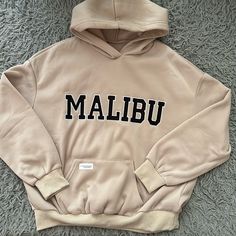 Brand New Malibu Shein Hoodie Beige Letter Print Hoodie For Streetwear, Beige Hoodie With Letter Print For Streetwear, Spring Beige Hoodie With Letter Print, Beige Casual Sweatshirt With Kangaroo Pocket, Casual Beige Sweatshirt With Kangaroo Pocket, Beige Fleece Casual Hoodie, Casual Beige Fleece Hoodie, Casual Beige Hooded Sweatshirt, Beige Letter Print Hoodie For Fall