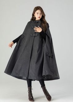 Gray Winter Cape, Gray Winter Cape Outerwear, Gray Cape For Fall Season, Mantel Cape, Cape Women, Wool Cape Coat, Coat Waterproof, Black Clothes, Wool Winter Coat