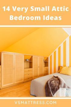 an attic bedroom with yellow walls and white bedding