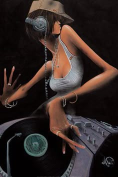 a painting of a woman with headphones on top of a turntable and record player