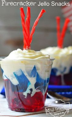 red, white and blue jello snacks in plastic cups with straws on top