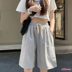 Qteee - Chic Butterfly Print Drawstring Casual Shorts Spring Drawstring Short Pants, Spring Drawstring Pants With Short Length, Gray Bottoms For Leisure Summer Wear, Gray Short Pants For Spring, Gray Drawstring Shorts For Spring, Printed Drawstring, Butterfly Print, Season Spring, Black Gray