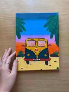 a painting of a bus driving down the road with palm trees in front of it